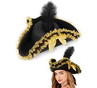Tanganan Pirate Hat Cap Costume, Halloween Woolen Style Tricorn Hat Pirate Cap Fancy Dress Colonial Medieval Accessory Black Red Yellow for Women Men (yellow)