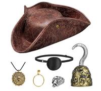 Tanganan Pirate Hat Costume Set, 6 Pcs Halloween Pirate Costume Hat with Skull Head Ring Necklace Hook Earrings Eye Patch Leather Brown Hats for Men Women