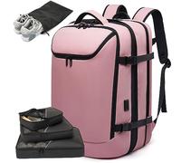 TANGCORLE Travel Carry on Backpack Expandable Flight Approved Backpacks 17.3 inch Laptop Business Back Pack for Women Men, Pink-50l(5-7days Travel With 3 Cubes), Non-vacuum, Non-vacuum