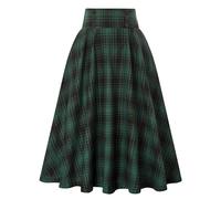 TangDao Women’s Plaid Midi Skirt Vintage High Waist A Line Pleated Skirt with Pocket (UK, Alpha, S, Regular, Regular, Green)