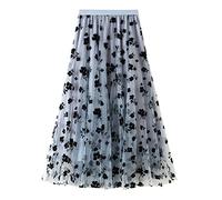 TangDao Women's Flocked Tulle Stretch Waist Skirt, Embroidered Lace Pleated Skirt, Layered High Waist A-Line Long Skirt (Light Blue)