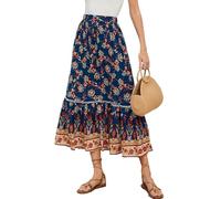 TangDao Women's Floral Midi Skirt Elastic Waist Casual A-line Skirt Summer Printed Boho Beach Long Skirts(S=Tag M,A-Blue)
