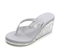 TangDao Women's Platform Flip Flops Rhinestone Sandals Wedge Slipper For Summer(Gray)