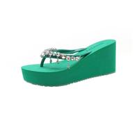 TangDao Women's Summer Flip Flops with Platform Wedge Heel Elegant Beach Flip Flops Rhinestone for Women Beach Shoes Pool Shoes, Green, 5 UK