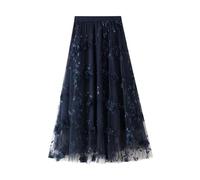 TangDao Women's Tulle Skirt Elastic High Waist with Stereo Flower Elegant Floral Embroidery Tiered Mesh Layered A-Line Midi Skirt Dark Blue
