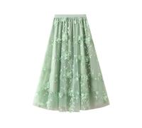 TangDao Women's Tulle Skirt Elastic High Waist with Stereo Flower Elegant Floral Embroidery Tiered Mesh Layered A-Line Midi Skirt Light Green