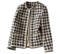 TangDao Womens Tweed Jacket Coat Collarless Cropped Open Front Plaid Round Neck Long Sleeve Short Blazer Jackerts(XS,black thin)