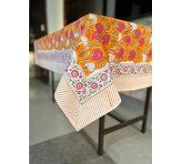 Tangerine Orange, Pink Hand Block Printed Cotton Tablecloth, Dining Table Cover Farmhouse Party Wedding Home Housewarming Baby Shower