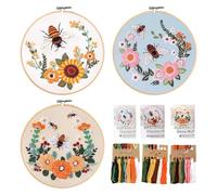TANGHSE 3 Sets Embroidery Kits for Beginners - Embroidery Starter Kits, Including Flowers Bee Pattern, Embroidery Hoops and Cloth, Color Threads Tool and Instruction for Adult Hobbies DIY Embroidery