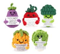 TANGHSE 5PCS Crochet Positive Fruit，Funny Knitting Doll Emotional Support Pickle with Positive Card Inspirational Quotes Cherry Tomato Gift for Avocado Cucumber Tomato Aubergine Pineapple (Cabbage)