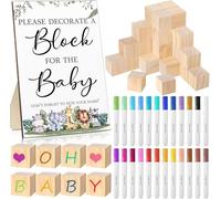 Tangjun 75 Pcs Baby Shower Games Sign Kit Including Decorate a Block Game Sign 50 DIY Wooden Block 24 Acrylic Paint Marker Baby Shower Prize for Gender Reveal Party