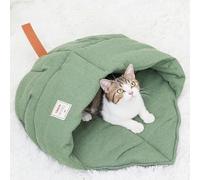 TANGN Cat Sleeping Bag, Linen Fabric Bed Cave Leaf Nest Pet Cuddle Zone Covered Hide Hood Burrowing Cozy Soft Durable Washable with Non-Slip Bottom for Indoor Puppy and Kitten (Green)