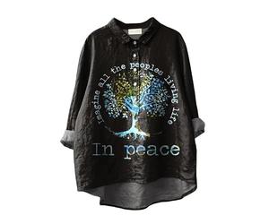 TangoDS Imagine All the People Living Life in Peace 3D Lettered Print Women's Long Sleeve Hippie Lapel Shirts Button Placket Half-Cardigan Boho Blouses Tops