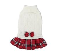 Tangpan Classic Cable Turtleneck Dog Sweater with Bow-Knot Pet Plaid Skirt Warm Apparel Puppy Clothes Cat Outfit （White,M