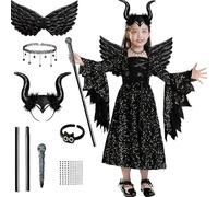 Tangpan Evil Witch Children Girls` Halloween Costume, 6-piece Black Dress with Horns Headdress and Black Wings for Halloween Cosplay Mardi Gras Carnival Disguise Party (M (120cm))