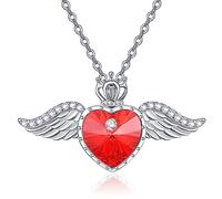 TANGPOET Angel Wings Necklace 925 Sterling Silver Love Heart Crystal Necklace Queen Crown Pendant July Birthstone Jewelry Gift for Women Girls