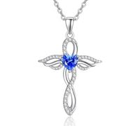 TANGPOET Angel Wings Necklace for Women 925 Sterling Silver Guardian Angel Pendant, Heart Cross Necklace, September Sapphire Birthstone Jewellery, Birthday Gifts for Her