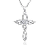 TANGPOET Angel Wings Necklace for Women 925 Sterling Silver Guardian Angel Pendant, Heart Cross Necklace, April Diamond Birthstone Jewellery, Birthday Gifts for Her