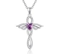 TANGPOET Angel Wings Necklace for Women 925 Sterling Silver Guardian Angel Pendant, Heart Cross Necklace, February Amethyst Birthstone Jewellery, Birthday Gifts for Her