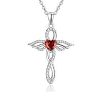 TANGPOET Angel Wings Necklace for Women 925 Sterling Silver Guardian Angel Pendant, Heart Cross Necklace, January Garnet Birthstone Jewellery, Birthday Gifts for Her