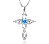 TANGPOET Angel Wings Necklace for Women 925 Sterling Silver Guardian Angel Pendant, Heart Cross Necklace, December Blue Topaz Birthstone Jewellery, Birthday Gifts for Her