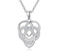 TANGPOET Celtic Knot Pendant Necklace Irish Jewellery for Women Mum 925 Sterling Silver Cubic Zirconias Triquetra Trinity Love Heart Necklace Gifts for Birthday Christmas Mothers Day