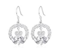TANGPOET Claddagh Earrings for Women 925 Sterling Silver Celtic Dangle Irish Earrings April White Topaz Created Diamond Birthstone Jewellery Birthday Gifts for Her