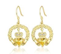 TANGPOET Claddagh Earrings for Women Sterling Silver Gold Plated Celtic Dangle Earrings November Citrine Birthstone Irish Jewelry Good Luck Birthday Gifts for Her