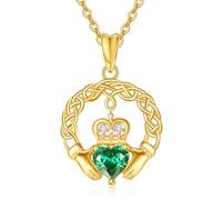 TANGPOET Claddagh Necklace for Women Irish Jewellery with Emerald Green Stone Celtic Pendant 925 Sterling Silver Gold Plated Gifts for St Patricks Valentines Day Birthday