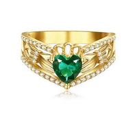 TANGPOET Claddagh Ring for Women Gold Plated 925 Sterling Silver Irish Rings Clover Green Heart Mothers Day Jewellery Gifts for Mom Size O