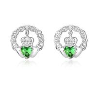 TANGPOET Claddagh Stud Earrings for Women Sterling Silver Small Irish Claddagh Earrings Jewellery With Emerald Green Heart Stone Gifts for Birthday Mothers Day Christmas