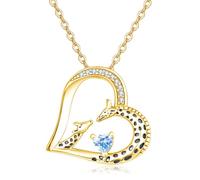 TANGPOET Giraffe Heart Pendant Necklace Gifts for Women Mum 925 Sterling Silver Gold Plated Mother Daughter Giraffe Jewellery with December Blue Birthstone for Birthday Christmas Mother's Day