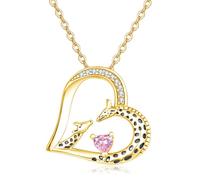 TANGPOET Giraffe Heart Pendant Necklace Gifts for Women Mum 925 Sterling Silver Gold Plated Mother Daughter Giraffe Jewellery with October Pink Tourmaline Birthstone for Birthday Christmas