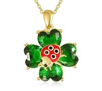 TANGPOET Green Clover Necklace for Women Girls Sterling Silver 18K Gold Plated Miraculous Ladybug Jewellery Four Leaf Clover Emerald Pendant Good Luck St Patricks Day Gifts