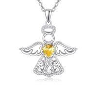 TANGPOET Guardian Angel Necklace 925 Sterling Silver Angel Wing Pendant Heart Cubic Zirconia Birthstone Jewellery Gifts for Women Girls Daughter(November)