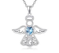 TANGPOET Guardian Angel Necklace 925 Sterling Silver Angel Wing Pendant Heart Cubic Zirconia Birthstone Jewellery Gifts for Women Girls Daughter(December)