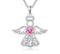 TANGPOET Guardian Angel Necklace 925 Sterling Silver Angel Wing Pendant Heart Cubic Zirconia Birthstone Jewellery Gifts for Women Girls Daughter(October)