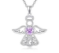 TANGPOET Guardian Angel Necklace 925 Sterling Silver Angel Wing Pendant Heart Cubic Zirconia Birthstone Jewellery Gifts for Women Girls Daughter(June)
