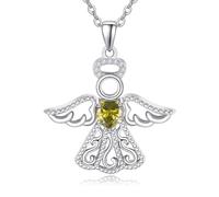 TANGPOET Guardian Angel Necklace 925 Sterling Silver Angel Wing Pendant Heart Cubic Zirconia Birthstone Jewellery Gifts for Women Girls Daughter(August)