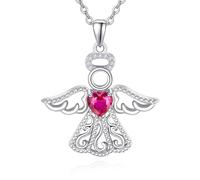 TANGPOET Guardian Angel Necklace 925 Sterling Silver Angel Wing Pendant Heart Cubic Zirconia Birthstone Jewellery Gifts for Women Girls Daughter(July)