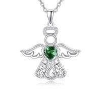TANGPOET Guardian Angel Necklace 925 Sterling Silver Angel Wing Pendant Heart Cubic Zirconia Birthstone Jewellery Gifts for Women Girls Daughter(May)