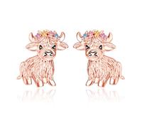 TANGPOET Highland Cow Stud Earrings Jewellery Gifts for Women Girls 925 Sterling Silver Rose Gold Plated Scottish Highland Cow Gifts for Birthday Christmas Mothers Day Valentines Day