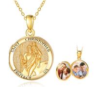 TANGPOET Saint Christopher Locket Necklace for Women 925 Sterling Silver Gold Plated St Christopher Medal Round Photo Lockets 2 Pictures Necklace Catholic Christian Religious Jewellery Gift