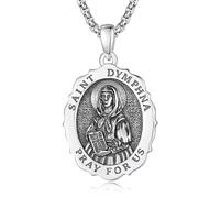 TANGPOET St Dymphna Medal Pendant Necklace for Men, 925 Sterling Slver Patron Saint Catholic Religious Jewellery Gifts for Christmas Birthday