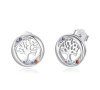 TANGPOET Tree of Life Earrings for Women 925 Sterling Silver Family Tree Stud Earring for Girls, Birthday Jewellery Gifts for Her, Round Colorful