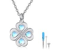 TANGPOET Urn Necklace for Ashes 925 Sterling Silver Four Leaf Clover Moonstone Memorial Cremation Jewellery for Ashes Keepsake Pendant Necklaces for Women Men Pet with Funnel Filler Kit