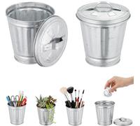 Tangseajiao 2Pcs Mini Galvanized Trash Can with Lid, Mini Wastebasket Small Metal Buckets with Lids Mini Tabletop Metal Rubbish Bin Flower Pot Pen Holde Trash, Wastebaskets, 3.74", Silver