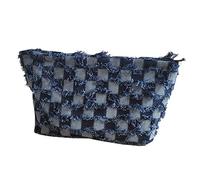 Tangxi Premium Fabric Checkered Makeup Bag Spacious Cosmetic Bag Secure Closure Compact Makeup Pouch 10.63x6.30x2.95in (Dark Blue)
