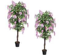 TANGZON 150CM/180CM Artificial Wistera Tree, Fake Ficus Tree with Flowers, 840/1260 Leaves & Cement Pot, Indoor Outdoor Decorative Faux Plant for Home Office Garden (2, Green+Rosy, 180CM/6FT)