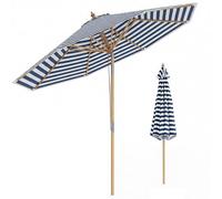 TANGZON 2.7M Garden Parasol Umbrella, Bamboo Umbrella with Push Button Tilt, Pulley Rope Lift, Vented Top, 8 Sturdy Ribs, Outdoor Height Adjustable Sun Shade for Garden, Yard, Pool, Striped Blue